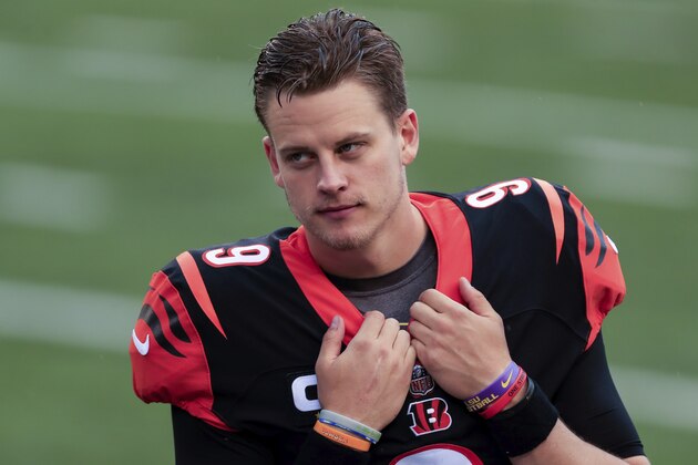 Cincinnati Bengals quarterback Joe Burrow (9) stands on the field after an NFL football game against the Jacksonville Jaguars in Cincinnati, Sunday, Oct. 4, 2020. Cincinnati won 33-25. (AP Photo/Aaron Doster)