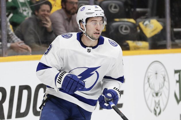 Tampa Bay Lightning center Tyler Johnson plays against the Nashville Predators in an NHL hockey game Tuesday, Dec. 3, 2019, in Nashville, Tenn. (AP Photo/Mark Humphrey)