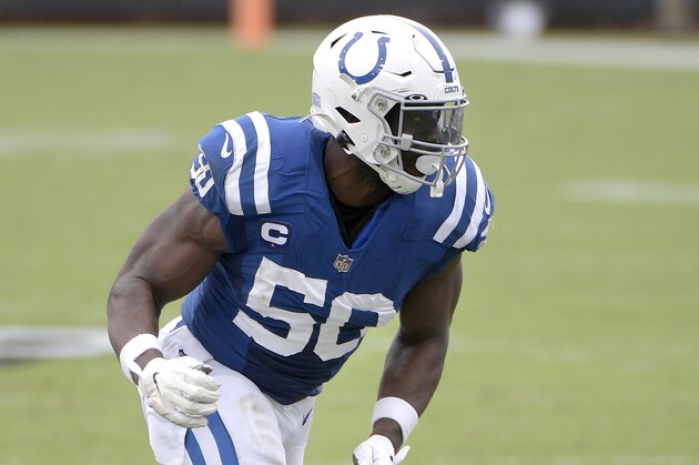 Indianapolis Colts defensive end Justin Houston (50) rushes the line of scrimmage during the second half of an NFL football game against the Jacksonville Jaguars, Sunday, Sept. 13, 2020, in Jacksonville, Fla. (AP Photo/Phelan M. Ebenhack)