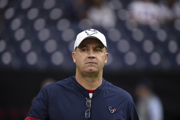 Houston Texans head coach Bill O'Brien watches his team warm up before an NFL wild-card playoff football game against the Buffalo Bills Saturday, Jan. 4, 2020, in Houston. (AP Photo/Eric Christian Smith)