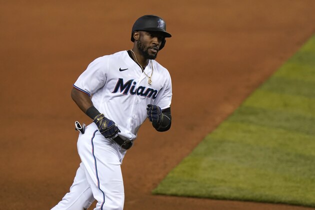 Miami Marlins' Starling Marte rounds the bases after hitting a solo home run during the seventh inning of a baseball game against the Philadelphia Phillies, Monday, Sept. 14, 2020, in Miami. The Marlins won 6-2. (AP Photo/Lynne Sladky)