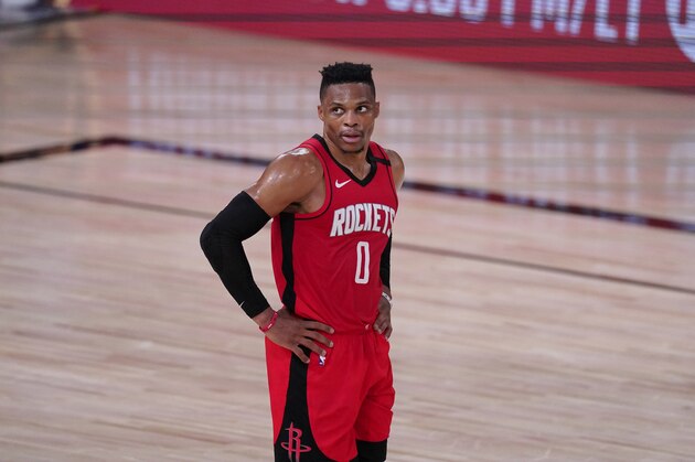 Houston Rockets' Russell Westbrook (0) looks up during the second half of an NBA conference semifinal playoff basketball game against the Los Angeles Lakers Thursday, Sept. 10, 2020, in Lake Buena Vista, Fla. The Lakers won 110-100. (AP Photo/Mark J. Terrill)