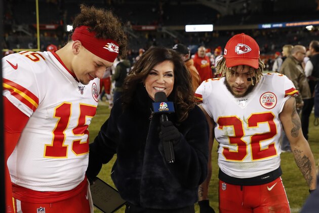 Michelle Tafoya, an NBC Sports sideline reporter, interviews Kansas City Chiefs' Patrick Mahomes (15) and Tyrann Mathieu (32) after an NFL football game against the Chicago Bears in Chicago, Sunday, Dec. 22, 2019. (AP Photo/Charles Rex Arbogast) Michelle Tafoya, an NBC Sports sideline reporter, interviews Kansas City Chiefs' Patrick Mahomes (15) and Tyrann Mathieu (32) after an NFL football game against the Chicago Bears in Chicago, Sunday, Dec. 22, 2019. (AP Photo/Charles Rex Arbogast)