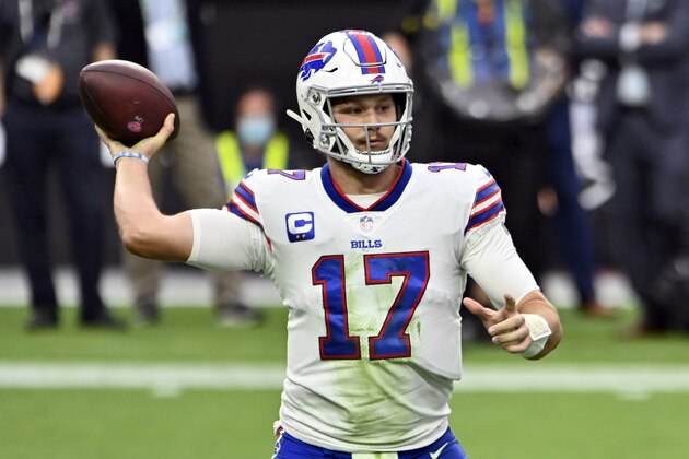 Buffalo Bills quarterback Josh Allen (17) looks to pass against the Las Vegas Raiders during the first half of an NFL football game, Sunday, Oct. 4, 2020, in Las Vegas. (AP Photo/David Becker) Buffalo Bills quarterback Josh Allen (17) looks to pass against the Las Vegas Raiders during the first half of an NFL football game, Sunday, Oct. 4, 2020, in Las Vegas. (AP Photo/David Becker)