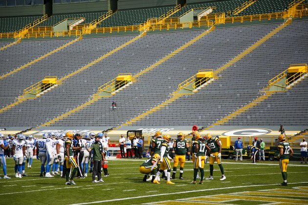 The stands at Lambeau Field are empty during the first half of an NFL football game between the Green Bay Packers and the Detroit Lions Sunday, Sept. 20, 2020, in Green Bay, Wis. (AP Photo/Matt Ludtke)