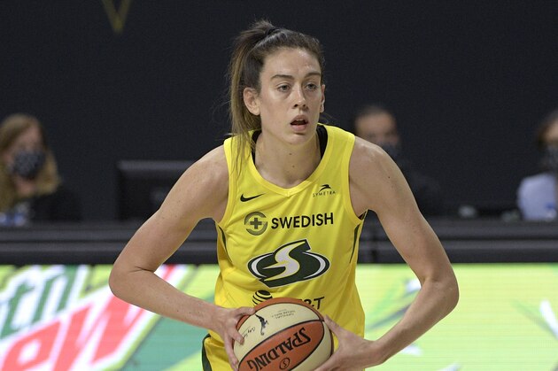 Seattle Storm forward Breanna Stewart (30) looks to pass the ball during the second half of Game 2 of basketball's WNBA Finals against the Las Vegas Aces, Sunday, Oct. 4, 2020, in Bradenton, Fla. (AP Photo/Phelan M. Ebenhack)