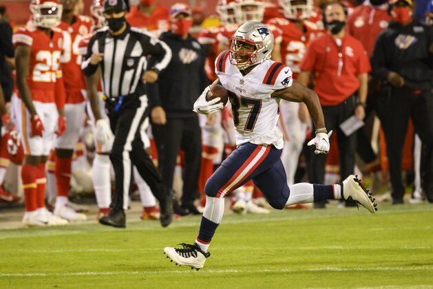 New England Patriots running back Damien Harris (37) during the second half of an NFL football game against the Kansas City Chiefs, Monday, Oct. 5, 2020, in Kansas City, Mo. (AP Photo/Reed Hoffmann)