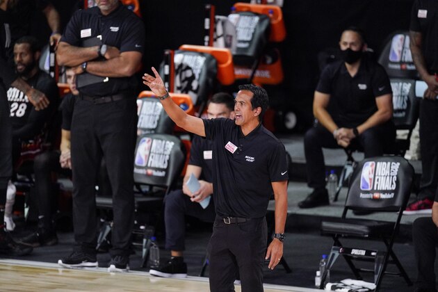 Miami Heat's head coach Erik Spoelstra gestures to the players during the first half in Game 3 of basketball's NBA Finals against the Los Angeles Lakers, Sunday, Oct. 4, 2020, in Lake Buena Vista, Fla. (AP Photo/Mark J. Terrill) Miami Heat's head coach Erik Spoelstra gestures to the players during the first half in Game 3 of basketball's NBA Finals against the Los Angeles Lakers, Sunday, Oct. 4, 2020, in Lake Buena Vista, Fla. (AP Photo/Mark J. Terrill)