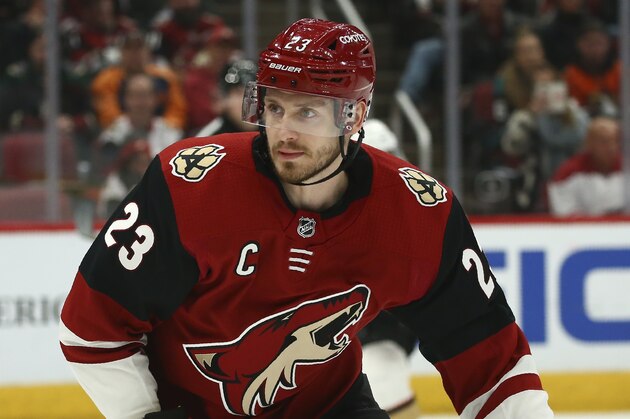 Arizona Coyotes defenseman Oliver Ekman-Larsson skates to the puck during the first period of an NHL hockey game against the Anaheim Ducks Thursday, Jan. 2, 2020, in Glendale, Ariz. The Coyotes defeated the Ducks 4-2. (AP Photo/Ross D. Franklin)