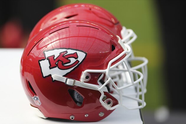 Kansas City Chiefs helmets are ready for the players before an NFL football game between the between the Kansas City Chiefs and the Los Angeles Chargers, Sunday, Sept. 20, 2020, in Inglewood, Calif. (AP Photo/Peter Joneleit)