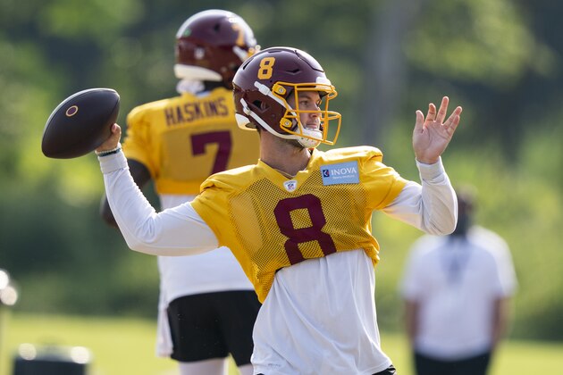 Washington quarterback Kyle Allen (8) throws during practice at the team's NFL football training facility, Tuesday, Aug. 25, 2020, in Ashburn, Va. (AP Photo/Alex Brandon) Washington quarterback Kyle Allen (8) throws during practice at the team's NFL football training facility, Tuesday, Aug. 25, 2020, in Ashburn, Va. (AP Photo/Alex Brandon)