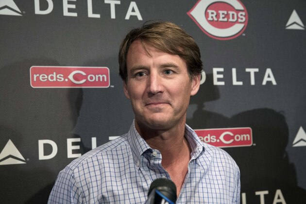 Cincinnati Reds general manager Dick Williams speaks to the media at Great American Ball Park, Wednesday, Nov. 4, 2015, in Cincinnati. The Reds promoted Williams to general manager on Wednesday as part of a