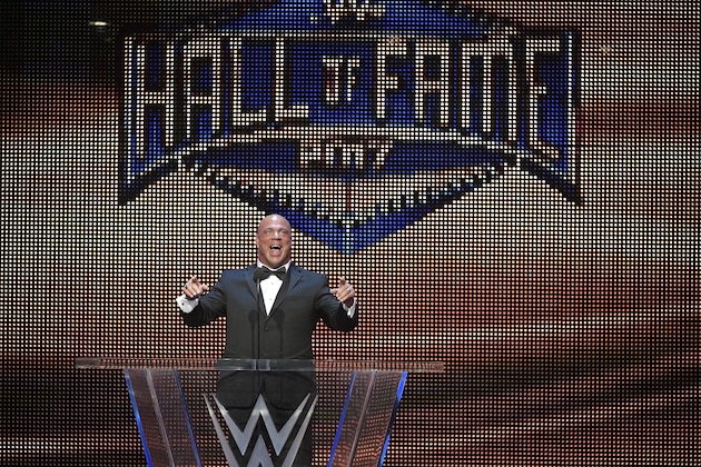 IMAGE DISTRIBUTED FOR WWE - Kurt Angle addresses the crowd after being inducted into the WWE Hall of Fame as part of the WrestleMania 33 weekend at a ceremony on Friday, March 31, 2017, in Orlando, Fla. (Phelan M. Ebenhack/AP Images for WWE)