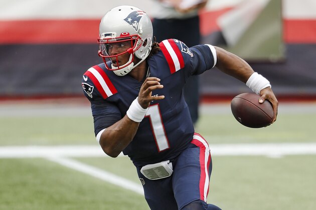New England Patriots quarterback Cam Newton runs against the Las Vegas Raiders during an NFL football game at Gillette Stadium, Sunday, Sept. 27, 2020 in Foxborough, Mass. (Winslow Townson/AP Images for Panini) New England Patriots quarterback Cam Newton runs against the Las Vegas Raiders during an NFL football game at Gillette Stadium, Sunday, Sept. 27, 2020 in Foxborough, Mass. (Winslow Townson/AP Images for Panini)