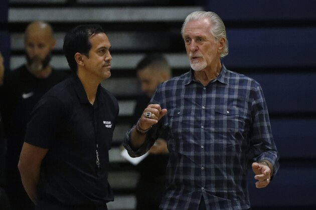 Miami Heat head coach Erik Spoelstra, left, talks with president Pat Riley during the team's NBA basketball practice at Keiser University, Tuesday, Oct. 1, 2019, in West Palm Beach, Fla. (AP Photo/Wilfredo Lee) Miami Heat head coach Erik Spoelstra, left, talks with president Pat Riley during the team's NBA basketball practice at Keiser University, Tuesday, Oct. 1, 2019, in West Palm Beach, Fla. (AP Photo/Wilfredo Lee)