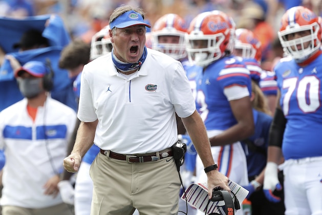 Florida head coach Dan Mullen yes to a referee about a missed call during an NCAA college football game against  South Carolina in Gainesville, Fla., Saturday, Oct. 3, 2020. (Brad McClenny/The Gainesville Sun via AP, Pool)