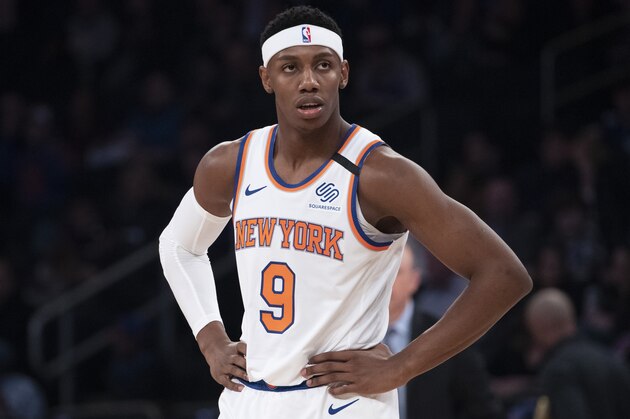 New York Knicks guard RJ Barrett reacts in the first half of an NBA basketball game against the Oklahoma City Thunder, Friday, March 6, 2020, at Madison Square Garden in New York. (AP Photo/Mary Altaffer)