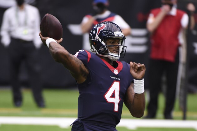 Houston Texans quarterback Deshaun Watson throws a pass during the first half of an NFL football game against the Minnesota Vikings Sunday, Oct. 4, 2020, in Houston. (AP Photo/Eric Christian Smith)