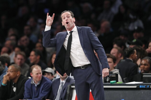 Brooklyn Nets head coach Kenny Atkinson gestures to his players during the second quarter of an NBA basketball game against the Memphis Grizzlies, Wednesday, March 4, 2020, in New York. (AP Photo/Kathy Willens)