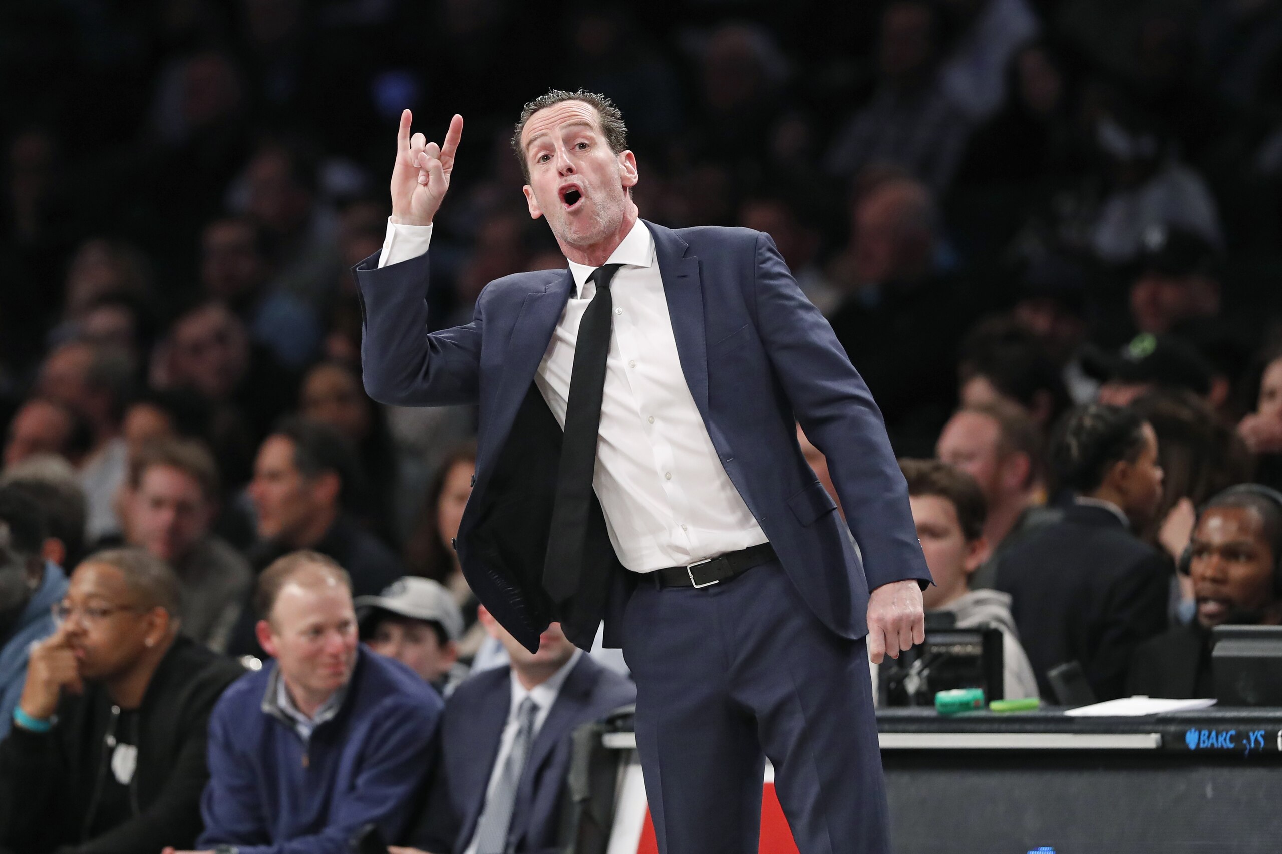Brooklyn Nets head coach Kenny Atkinson gestures to his players during the second quarter of an NBA basketball game against the Memphis Grizzlies, Wednesday, March 4, 2020, in New York. (AP Photo/Kathy Willens)