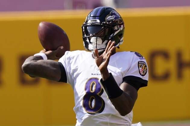 Baltimore Ravens quarterback Lamar Jackson (8) works against the Washington Football Team during the first half of an NFL football game, Sunday, Oct. 4, 2020, in Landover, Md. (AP Photo/Susan Walsh)