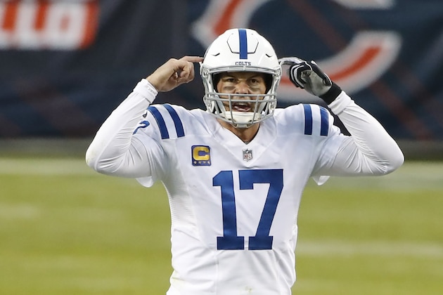 Indianapolis Colts quarterback Philip Rivers (17) signals to his teammates during the second half of an NFL football game against the Chicago Bears, Sunday, Oct. 4, 2020, in Chicago. (AP Photo/Kamil Krzaczynski)