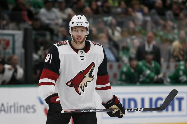 Arizona Coyotes left wing Taylor Hall (91) plays against the Dallas Stars during the second period of an NHL hockey game in Dallas, Wednesday, Feb. 19, 2019. (AP Photo/Michael Ainsworth)