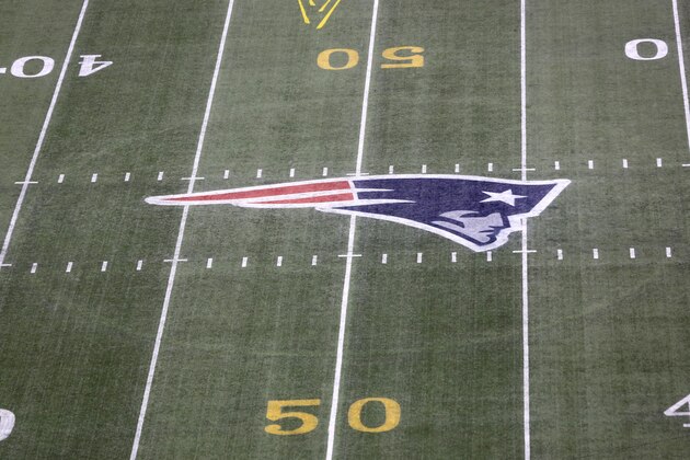 The gold 50 yard marker and Patriots logo is seen on the filed before the New England Patriots play against the Pittsburgh Steelers during an NFL football game, Thursday, Sept. 10, 2015, in Foxborough, Mass. (AP Photo/Gregory Payan) The gold 50 yard marker and Patriots logo is seen on the filed before the New England Patriots play against the Pittsburgh Steelers during an NFL football game, Thursday, Sept. 10, 2015, in Foxborough, Mass. (AP Photo/Gregory Payan)