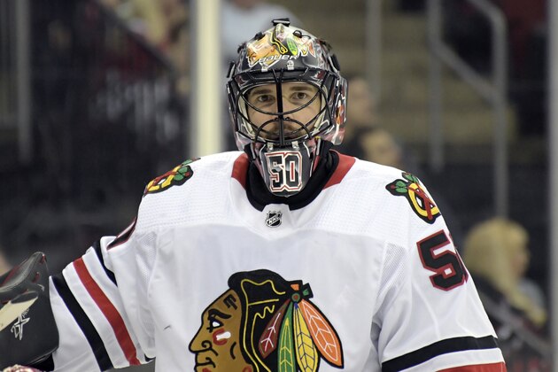 Chicago Blackhawks goaltender Corey Crawford (50) during the second period of an NHL hockey game against the New Jersey Devils Friday, Dec. 6, 2019, in Newark, N.J. (AP Photo/Bill Kostroun) Chicago Blackhawks goaltender Corey Crawford (50) during the second period of an NHL hockey game against the New Jersey Devils Friday, Dec. 6, 2019, in Newark, N.J. (AP Photo/Bill Kostroun)