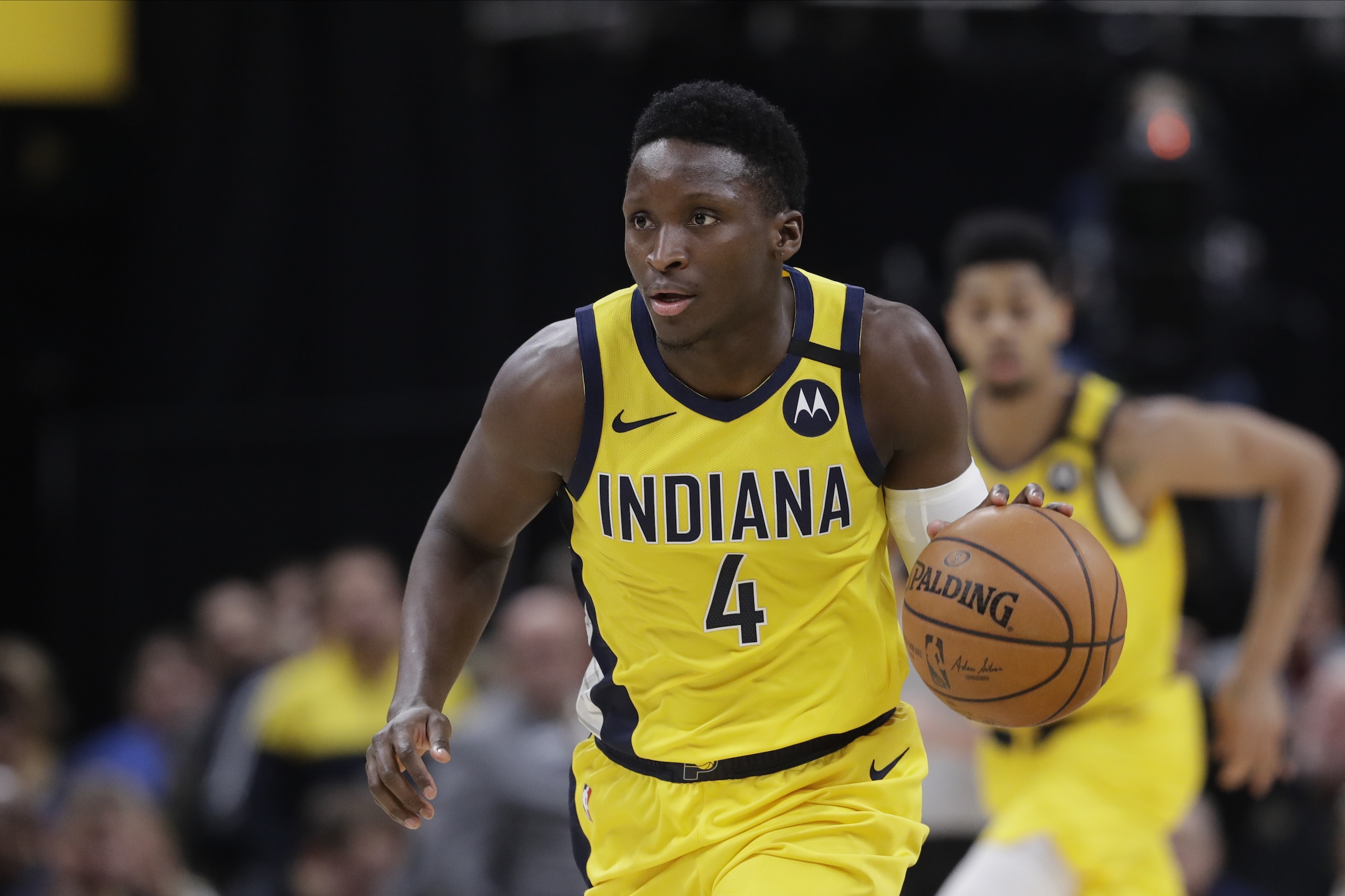 Indiana Pacers' Victor Oladipo (4) dribbles during the second half of an NBA basketball game against the Toronto Raptors, Friday, Feb. 7, 2020, in Indianapolis. Toronto won 115-106. (AP Photo/Darron Cummings)