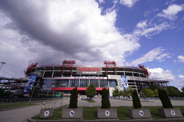 Nissan Stadium, home of the Tennessee Titans, is shown Tuesday, Sept. 29, 2020, in Nashville, Tenn. The Titans suspended in-person activities through Friday after the NFL says three Titans players and five personnel tested positive for the coronavirus, becoming the first COVID-19 outbreak of the NFL season in Week 4. (AP Photo/Mark Humphrey)