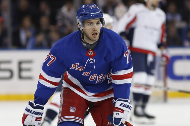 New York Rangers defenseman Tony DeAngelo (77) during the first period of an NHL hockey game, Thursday, March 5, 2020, in New York. (AP Photo/Kathy Willens)