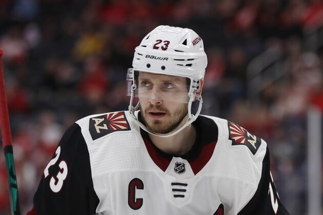 Arizona Coyotes defenseman Oliver Ekman-Larsson is seen during the first period of an NHL hockey game, Sunday, Dec. 22, 2019, in Detroit. (AP Photo/Carlos Osorio)