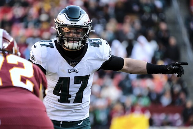 Philadelphia Eagles linebacker Nate Gerry (47) readies for play during an NFL football game agains the Washington Redskins, Sunday, Dec. 15, 2019, in Landover, Md. (AP Photo/Mark Tenally)