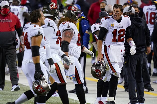 Tampa Bay Buccaneers quarterback Tom Brady (12) yells at members of his offensive line as they walk off the field during the second half of an NFL football game against the Chicago Bears in Chicago, Thursday, Oct. 8, 2020. (AP Photo/Charles Rex Arbogast) Tampa Bay Buccaneers quarterback Tom Brady (12) yells at members of his offensive line as they walk off the field during the second half of an NFL football game against the Chicago Bears in Chicago, Thursday, Oct. 8, 2020. (AP Photo/Charles Rex Arbogast)