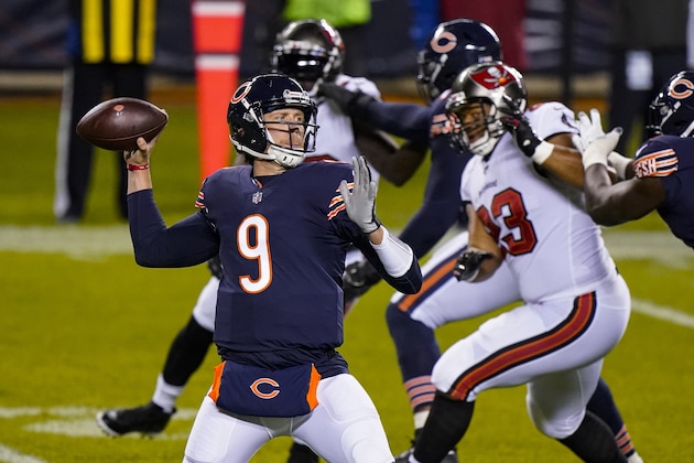 Chicago Bears quarterback Nick Foles (9) throws a pass during the first half of the team's NFL football game against the Tampa Bay Buccaneers in Chicago, Thursday, Oct. 8, 2020. (AP Photo/Nam Y. Huh) Chicago Bears quarterback Nick Foles (9) throws a pass during the first half of the team's NFL football game against the Tampa Bay Buccaneers in Chicago, Thursday, Oct. 8, 2020. (AP Photo/Nam Y. Huh)