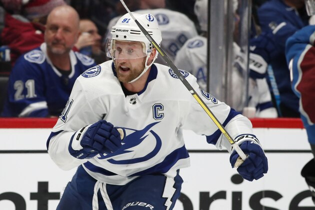 Tampa Bay Lightning center Steven Stamkos pursues the puck againsdt the Colorado Avalanche in the second period of an NHL hockey game Monday, Feb. 17, 2020, in Denver. (AP Photo/David Zalubowski) Tampa Bay Lightning center Steven Stamkos pursues the puck againsdt the Colorado Avalanche in the second period of an NHL hockey game Monday, Feb. 17, 2020, in Denver. (AP Photo/David Zalubowski)