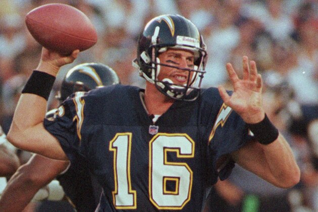 FILE - In this Aug. 8, 1998, file photo, San Diego Chargers quarterback Ryan Leaf passes against the San Francisco 49ers in San Diego. Leaf and Indianapolis Colts quarterback Peyton Manning were drafted back-to-back as No. 1 and 2.(AP Photo/Lenny Ignelzi, File) FILE - In this Aug. 8, 1998, file photo, San Diego Chargers quarterback Ryan Leaf passes against the San Francisco 49ers in San Diego. Leaf and Indianapolis Colts quarterback Peyton Manning were drafted back-to-back as No. 1 and 2.(AP Photo/Lenny Ignelzi, File)