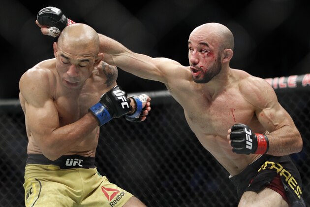 Marlon Moraes, right, fights Jose Aldo in a mixed martial arts bantamweight bout at UFC 245, Saturday, Dec. 14, 2019, in Las Vegas. (AP Photo/John Locher) Marlon Moraes, right, fights Jose Aldo in a mixed martial arts bantamweight bout at UFC 245, Saturday, Dec. 14, 2019, in Las Vegas. (AP Photo/John Locher)