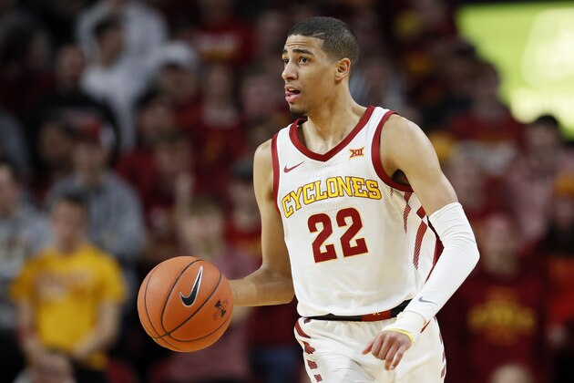 Iowa State guard Tyrese Haliburton drives up court during the first half of an NCAA college basketball game against Oklahoma State, Tuesday, Jan. 21, 2020, in Ames, Iowa. (AP Photo/Charlie Neibergall)