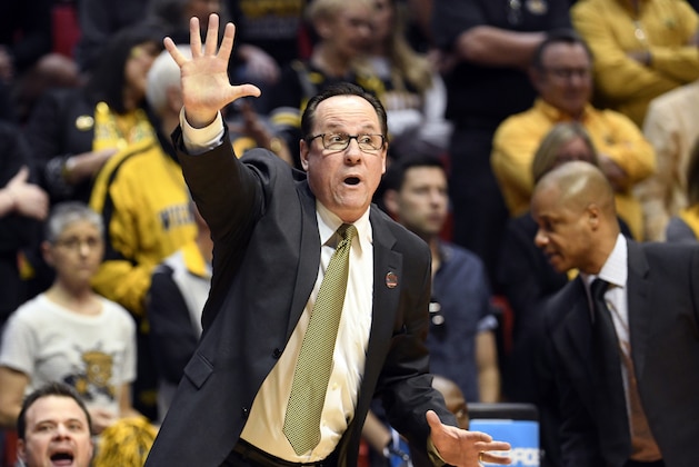 FILE - In this March 16, 2018, file photo, Wichita State head coach Gregg Marshall reacts during the first half of a first-round NCAA college basketball tournament game against Marshall in San Diego. Marshall is doing a lot more teaching than normal this season after losing almost everyone from last year’s team. (AP Photo/Denis Poroy, File)