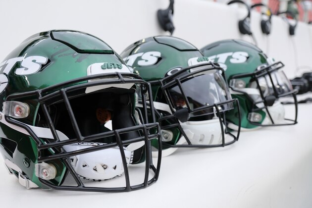 New York Jets helmets sit on the bench before the first half of an NFL football game between the Washington Redskins and the New York Jets, Sunday, Nov. 17, 2019, in Landover, Md. (AP Photo/Mark Tenally)