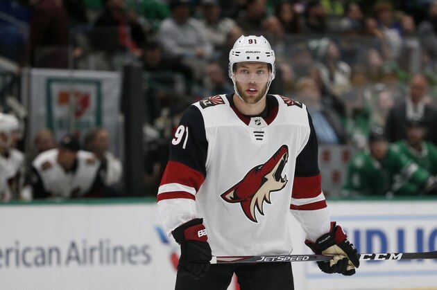 Arizona Coyotes left wing Taylor Hall (91) plays against the Dallas Stars during the second period of an NHL hockey game in Dallas, Wednesday, Feb. 19, 2019. (AP Photo/Michael Ainsworth)