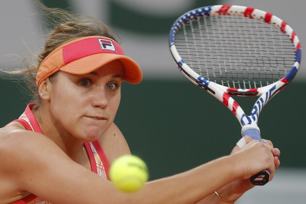 Sofia Kenin of the U.S. plays a shot against Petra Kvitova of the Czech Republic in the semifinal match of the French Open tennis tournament at the Roland Garros stadium in Paris, France, Thursday, Oct. 8, 2020. (AP Photo/Michel Euler)