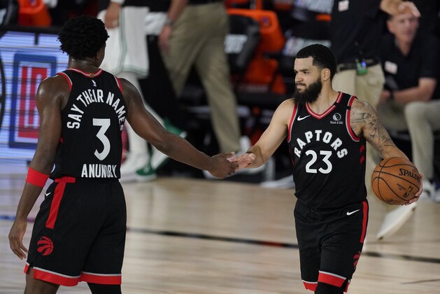 Toronto Raptors' Fred VanVleet (23) celebrates with teammate OG Anunoby (3) during the second half of an NBA conference semifinal playoff basketball game against the Boston Celtics Saturday, Sept. 5, 2020, in Lake Buena Vista, Fla. (AP Photo/Mark J. Terrill) Toronto Raptors' Fred VanVleet (23) celebrates with teammate OG Anunoby (3) during the second half of an NBA conference semifinal playoff basketball game against the Boston Celtics Saturday, Sept. 5, 2020, in Lake Buena Vista, Fla. (AP Photo/Mark J. Terrill)
