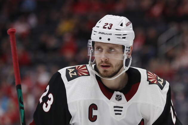 Arizona Coyotes defenseman Oliver Ekman-Larsson is seen during the first period of an NHL hockey game, Sunday, Dec. 22, 2019, in Detroit. (AP Photo/Carlos Osorio)