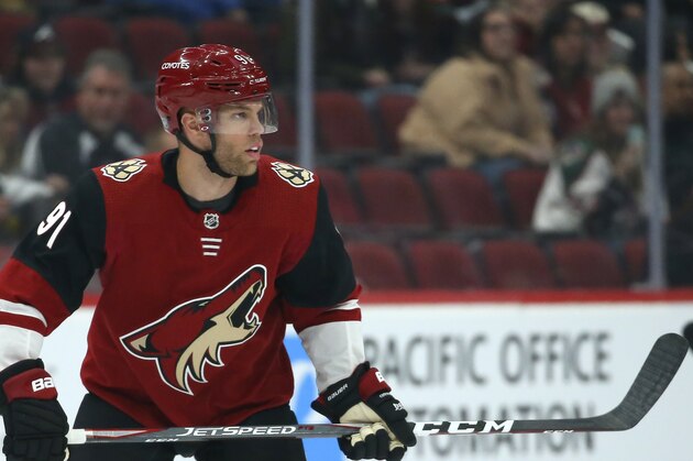 Arizona Coyotes left wing Taylor Hall watches the movement of the puck during the first period of an NHL hockey game against the Carolina Hurricanes Thursday, Feb. 6, 2020, in Glendale, Ariz. The Hurricanes defeated the Coyotes 5-3. (AP Photo/Ross D. Franklin) Arizona Coyotes left wing Taylor Hall watches the movement of the puck during the first period of an NHL hockey game against the Carolina Hurricanes Thursday, Feb. 6, 2020, in Glendale, Ariz. The Hurricanes defeated the Coyotes 5-3. (AP Photo/Ross D. Franklin)