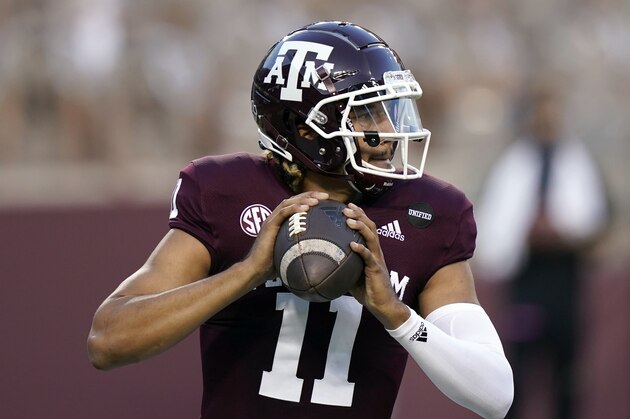 Texas A&M quarterback Kellen Mond (11) looks to throw a pass against Vanderbilt during the first half of an NCAA college football game Saturday, Sept. 26, 2020, in College Station, Texas. (AP Photo/David J. Phillip) Texas A&M quarterback Kellen Mond (11) looks to throw a pass against Vanderbilt during the first half of an NCAA college football game Saturday, Sept. 26, 2020, in College Station, Texas. (AP Photo/David J. Phillip)