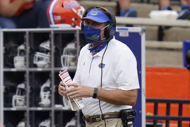 Florida head coach Dan Mullen paces the sideline during the first half of an NCAA college football game against South Carolina, Saturday, Oct. 3, 2020, in Gainesville, Fla. (AP Photo/John Raoux) Florida head coach Dan Mullen paces the sideline during the first half of an NCAA college football game against South Carolina, Saturday, Oct. 3, 2020, in Gainesville, Fla. (AP Photo/John Raoux)