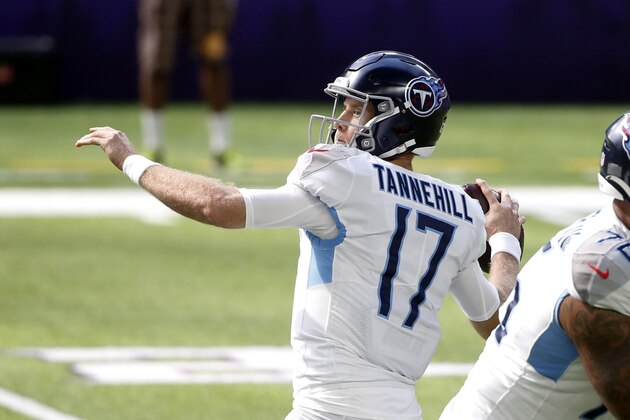 Tennessee Titans quarterback Ryan Tannehill (17) throws a pass during the first half of an NFL football game against the Minnesota Vikings, Sunday, Sept. 27, 2020, in Minneapolis. (AP Photo/Bruce Kluckhohn)